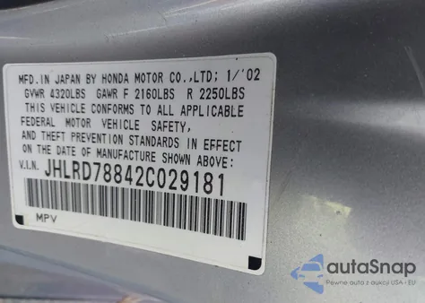 2002 Honda Cr-V Ex z USA, uszkodzony, nr VIN JHLRD78842C029181